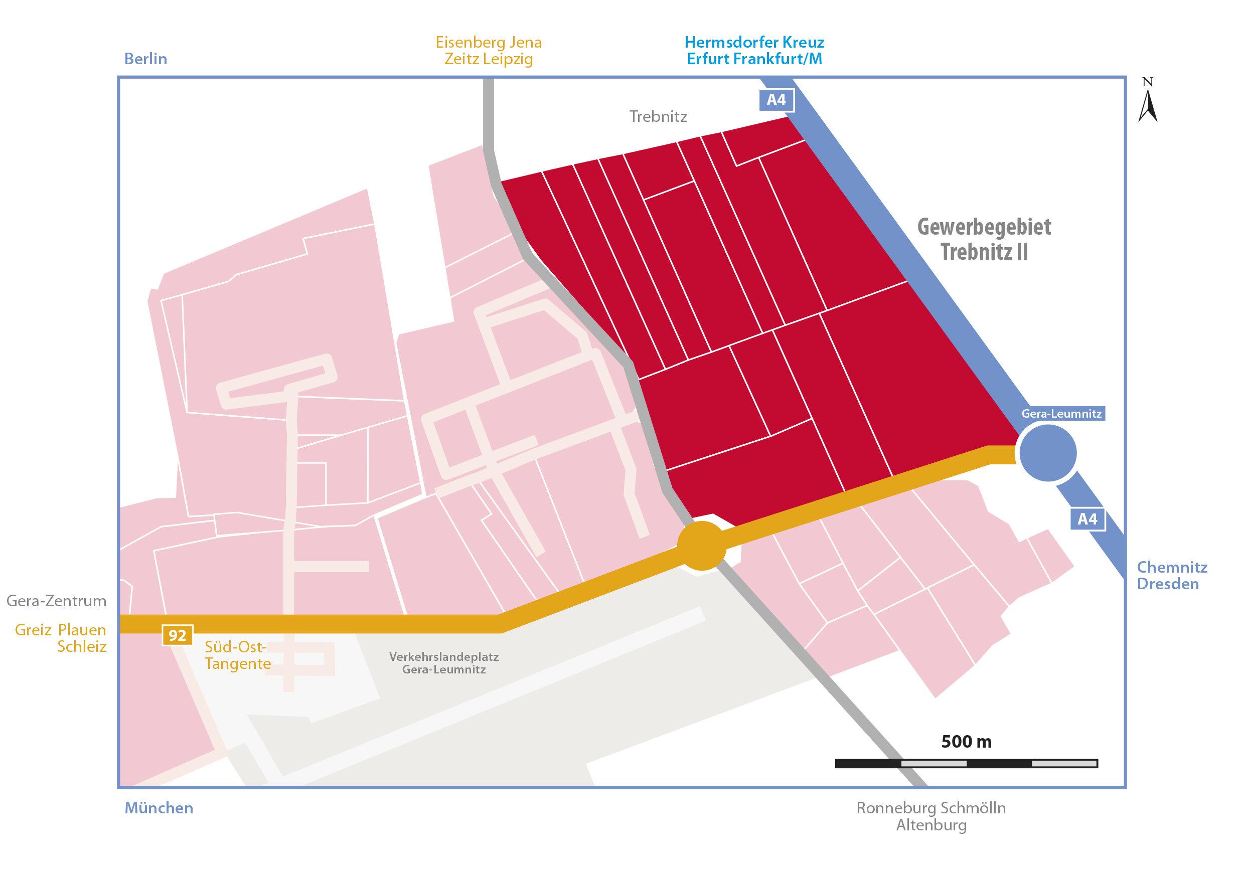 Die Abbildung zeigt einen Kartenausschnitt auf dem das Gewerbegebiet Trebnitz II "An der Beerweinschänke II" mit seiner direkten Anbindung an die B92 und A4 zu sehen ist. Hell hinterlegt sind auch die benachbarten Gebiete Trebnitz I und Trebnitz III zu erkennen.. © Raatz Marketing GmbH