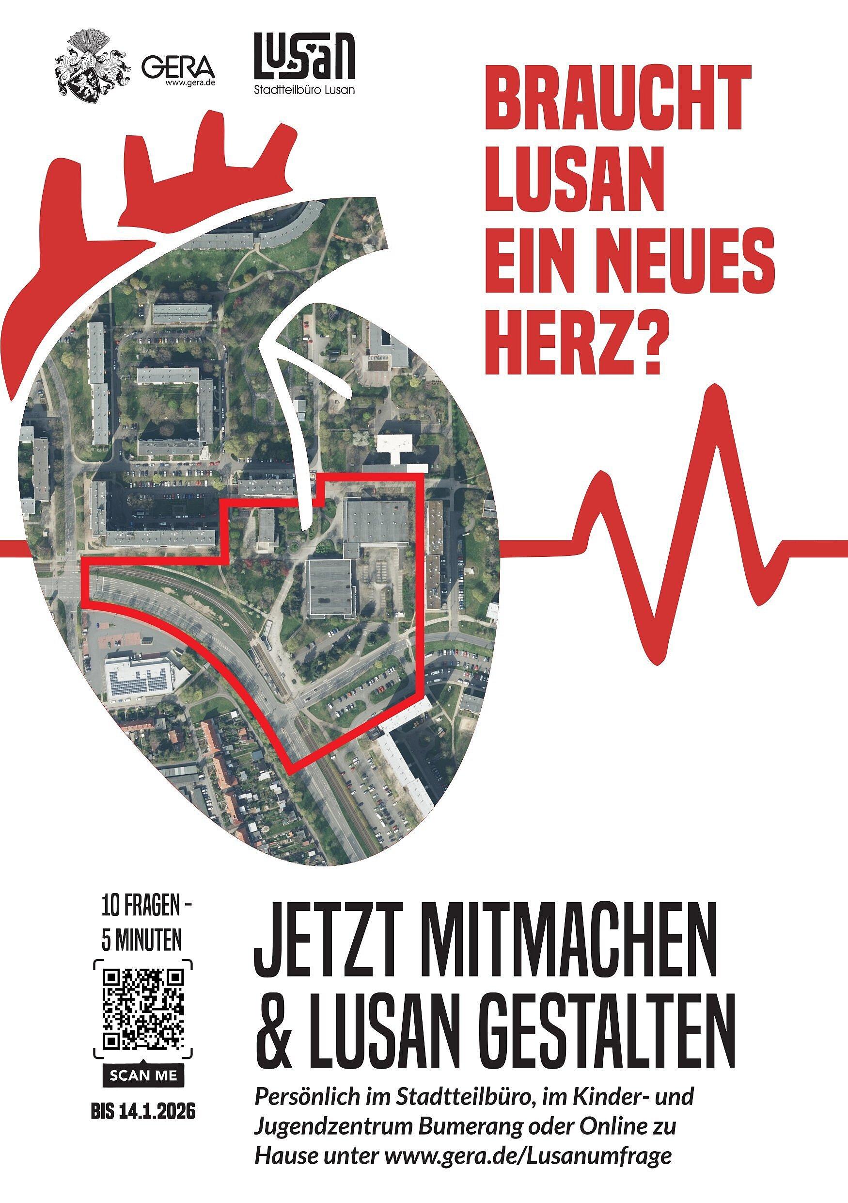 Ein Plakat mit einem Satellitenbild von Lusan. © Stadt Gera