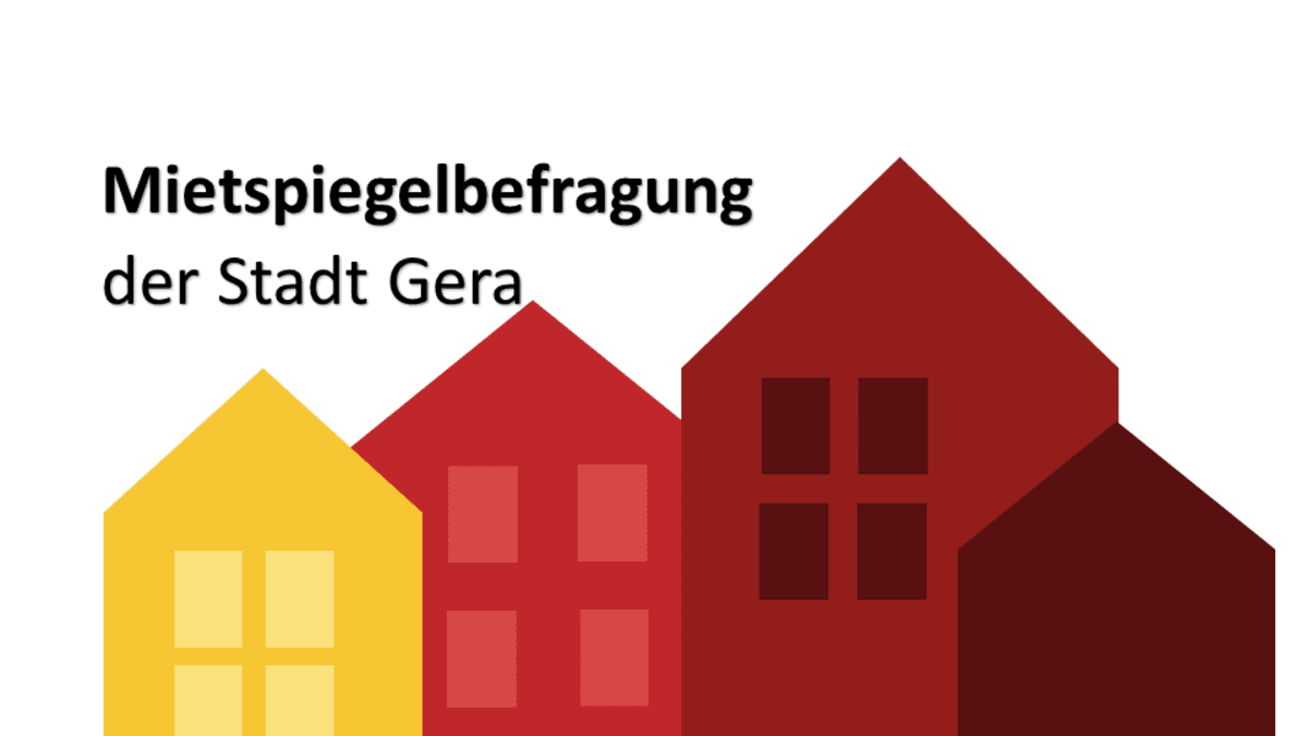 Eine stilisierte Häusergrafik in warmen rot-tönen und gelben Akzent mit dem Schriftzug "Mietspiegelbefragung der Stadt Gera". © Stadtverwaltung Gera