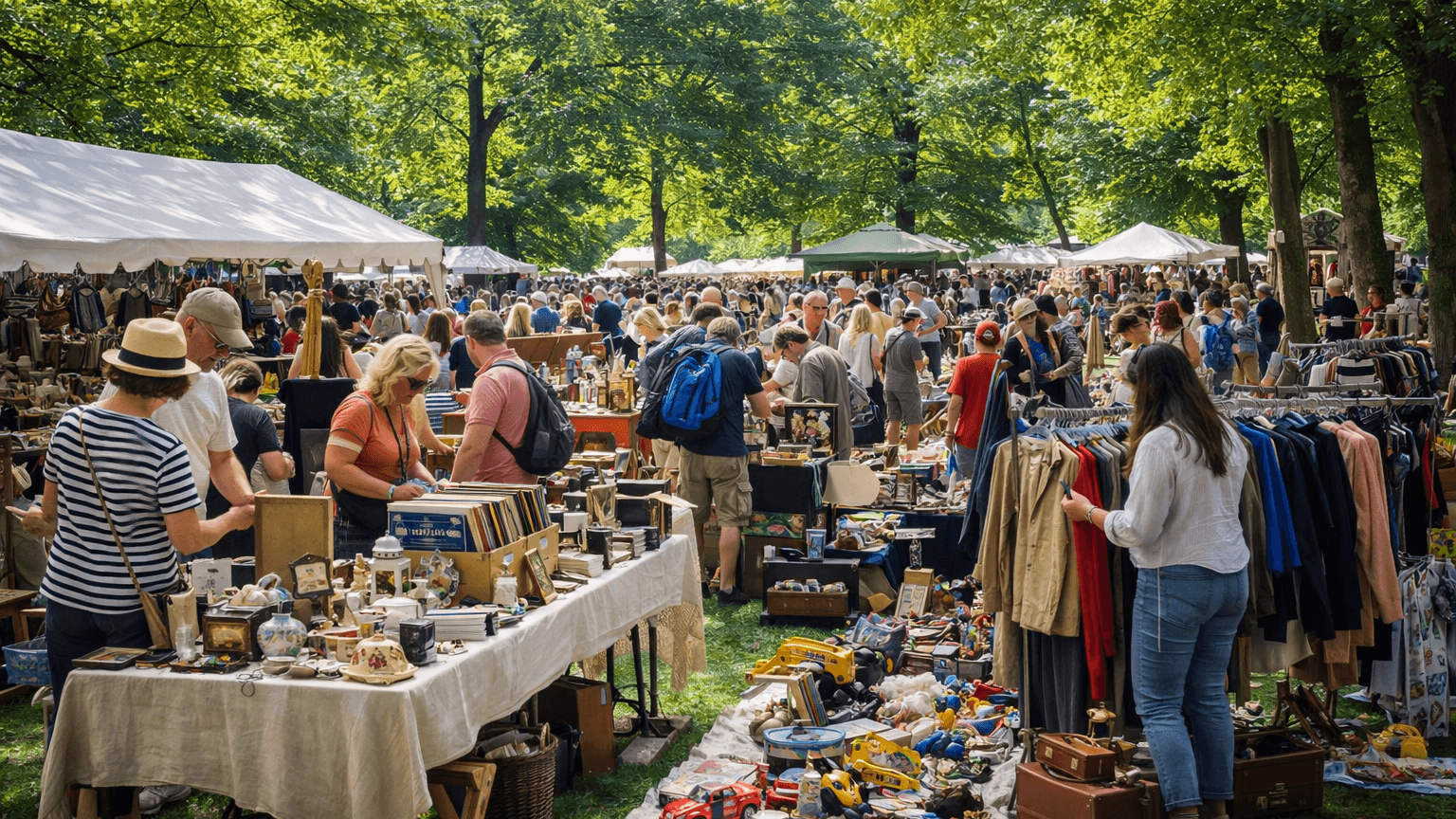 KI-generierte Darstellung eines lebendigen Trödelmarktes im Park. © KI / ChatGPT, OpenAI