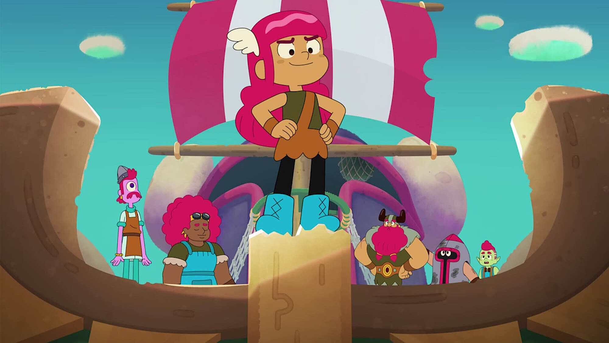 sechs Comicfiguren auf einem Schiff, eine Figur mit pinken langen Haren und herausgestreckter Brust steht mittig vorne.. © ©RTL