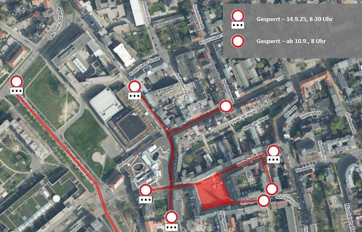 Ein Kartenausschnitt, auf dem mit roten Linien verschiedene Sperrungen gekennzeichnet sind. © Stadt Gera
