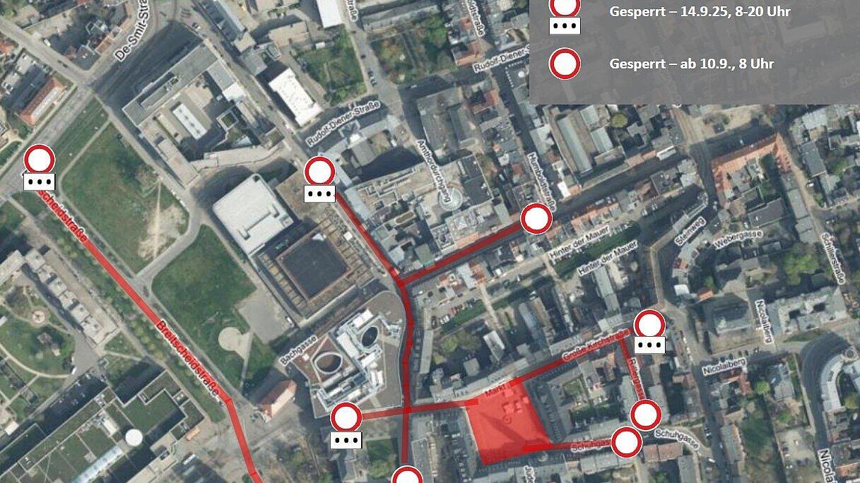 Ein Kartenausschnitt, auf dem mit roten Linien verschiedene Sperrungen gekennzeichnet sind. © Stadt Gera