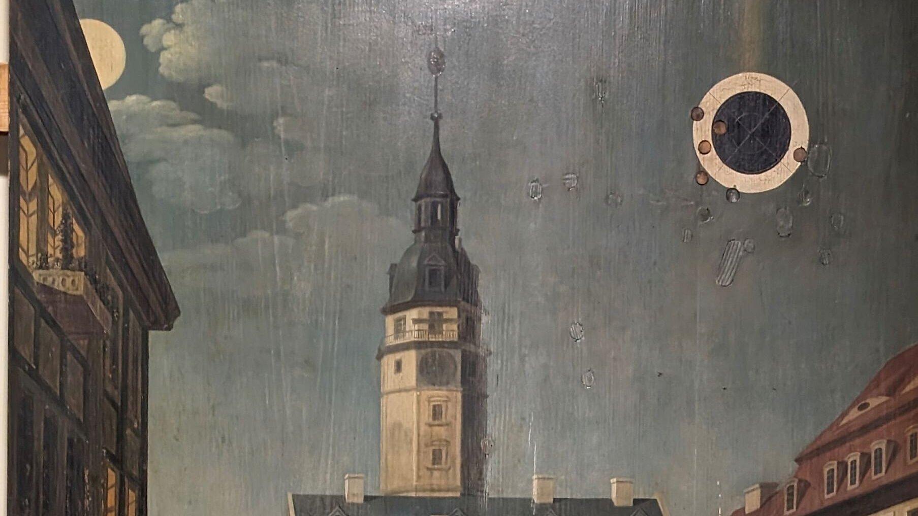 Schützenscheibe des Malers Heinrich Fischer, die den Kometen im Juli 1819 über dem Kornmarkt in Gera zeigt