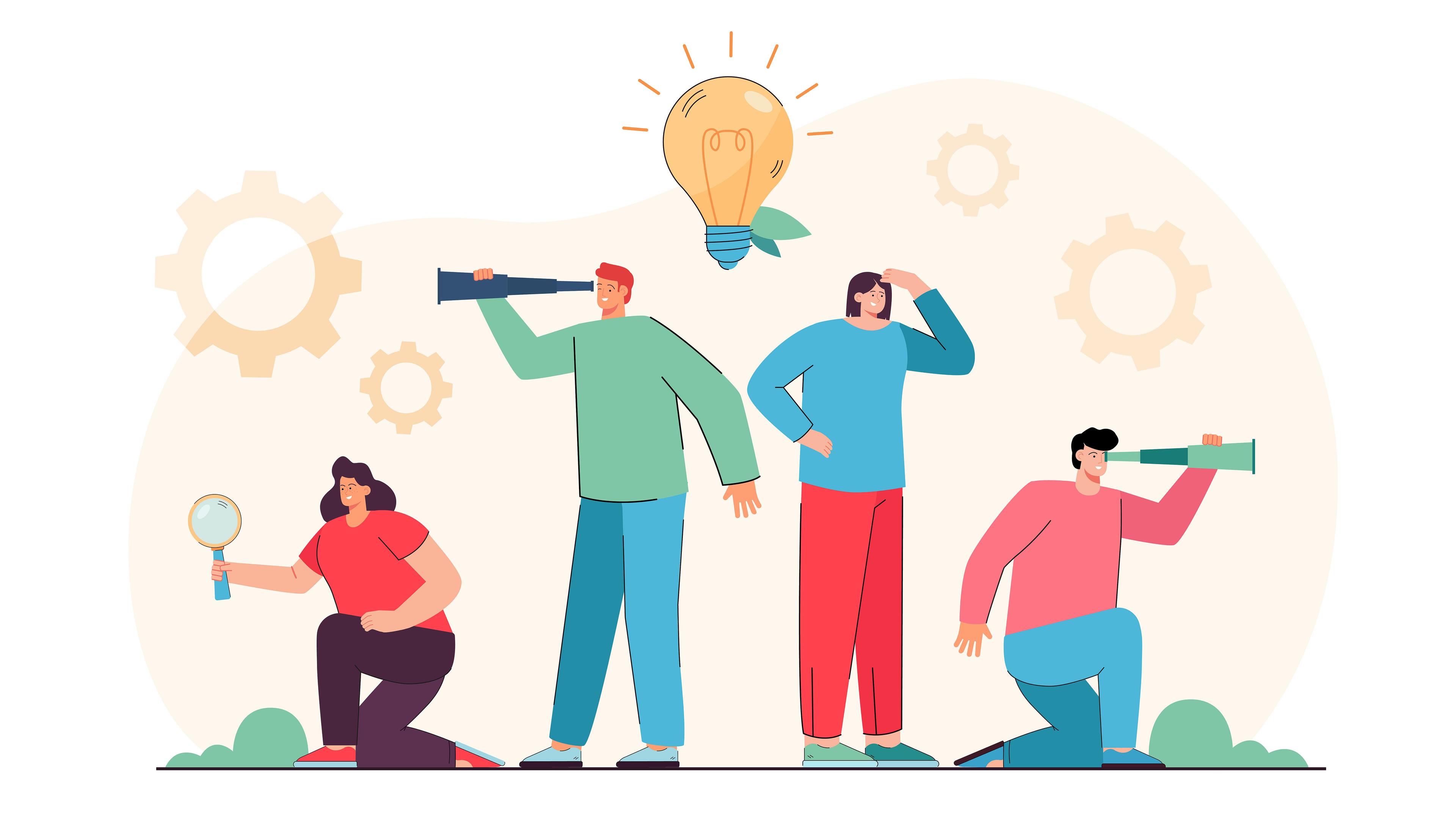 Vier Menschen schauen in die ferne mit Zahnräder im Himmel.. © Freepik