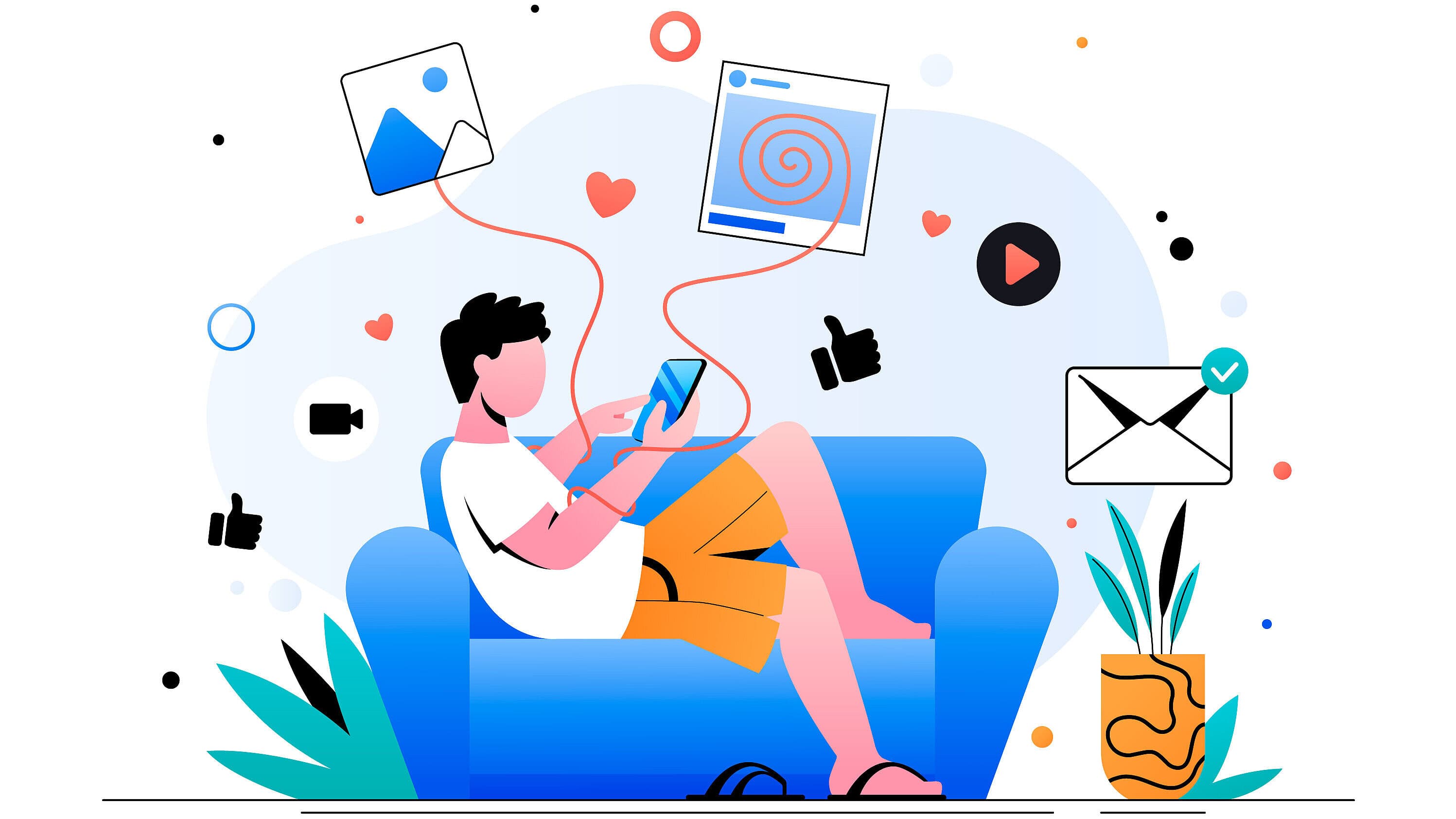 Ein männlich gelesene Person sitzt auf einem blauen Sofa und hält ein Handy in der Hand. Um die Person sind Symbole wie ein Briefumschlag, Galeriesymbol oder ein News Feed.. © Freepik