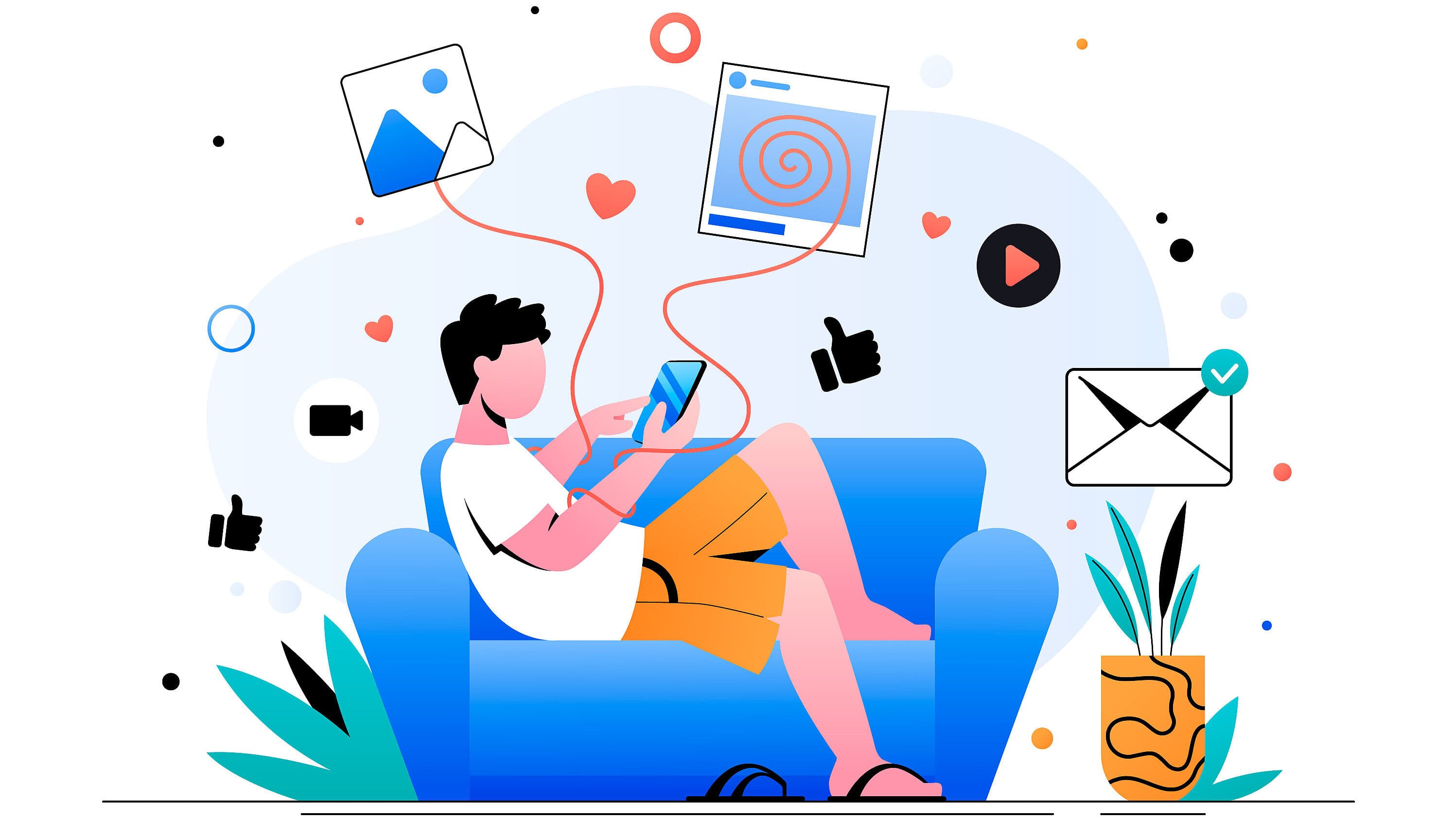 Ein männlich gelesene Person sitzt auf einem blauen Sofa und hält ein Handy in der Hand. Um die Person sind Symbole wie ein Briefumschlag, Galeriesymbol oder ein News Feed.. © Freepik