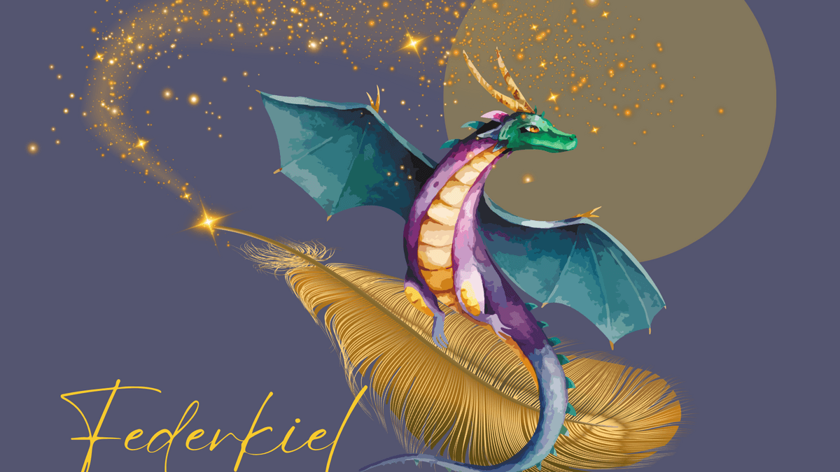ein lila-grüner Drache reitet auf einer goldenen Feder, im Hintergrund ist der Mond und goldener Sternenstaub zu sehen. © Anja Wegner-Rau | Canva