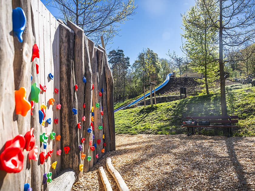 Links eine Kletterwand für Kinder mit bunten Haltesteinen, im Hintergrund eine Rutsche inmitten von Bäumen. © Stadt Gera