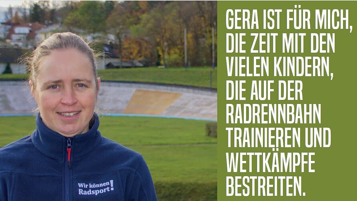 Heike Schramm vor der Radrennbahn für die Kampagne "Hauptsache Gera".. © Stadt Gera