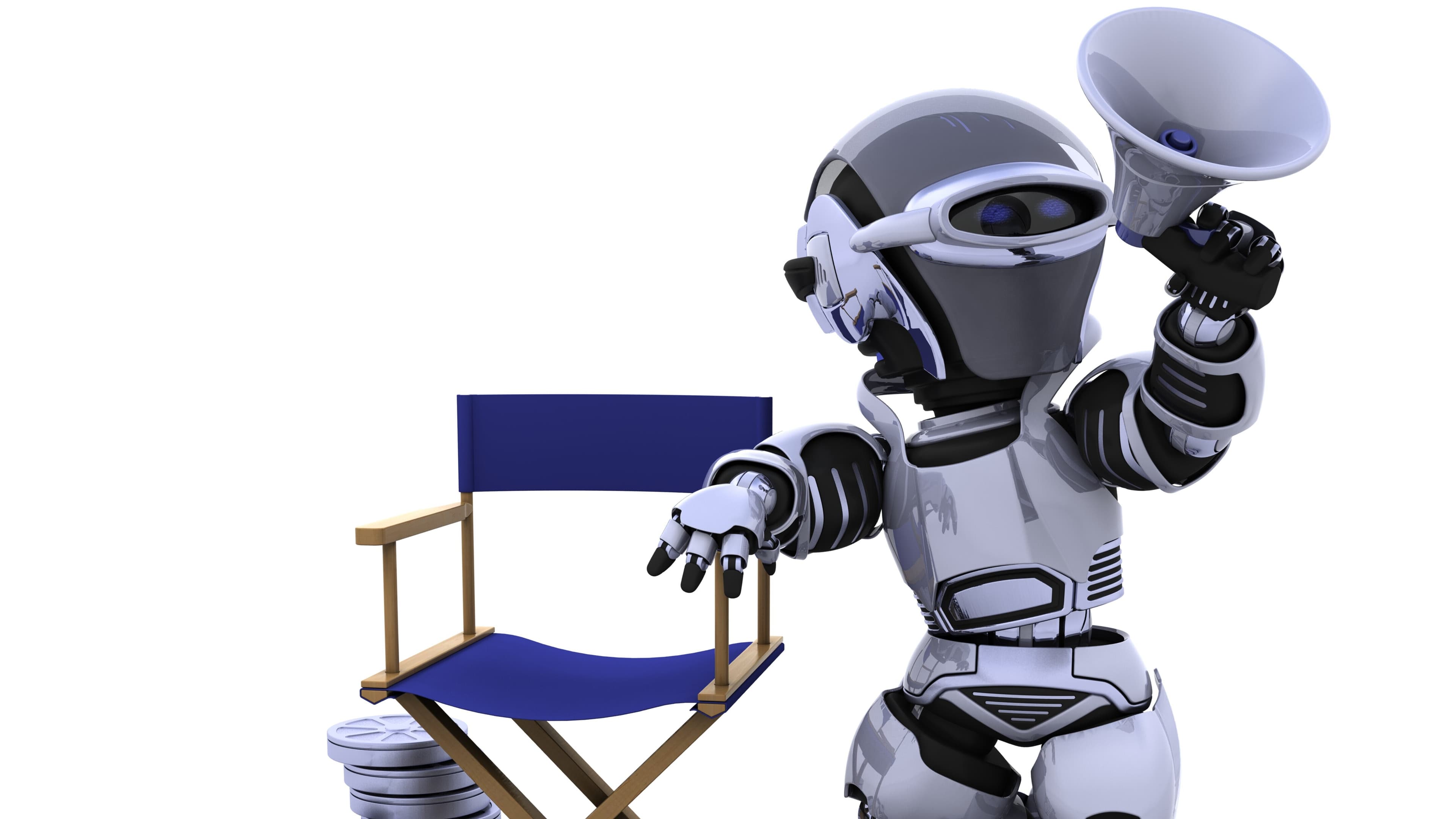Roboter mit Mikrophon. Daneben ein Stuhl mit Filmrollen und Filmklappe.. © Freepik