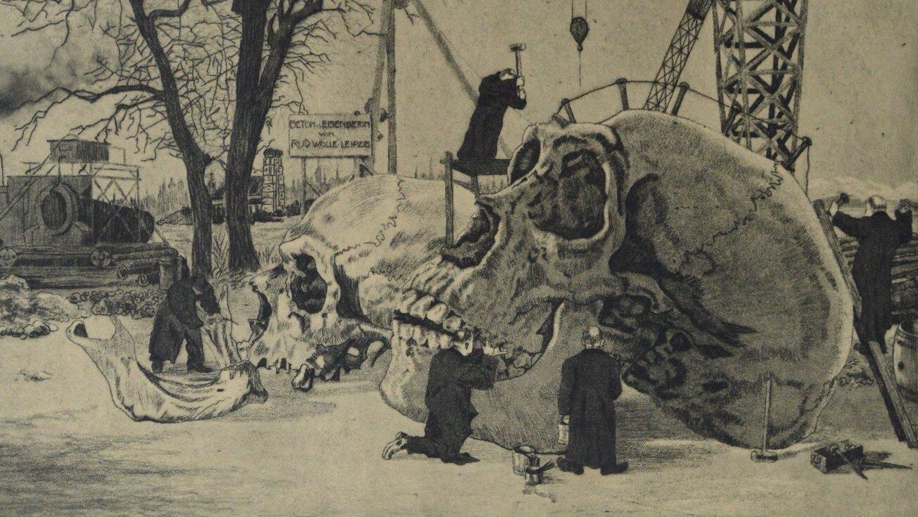 Kunstwerk von Fritz Zalisz, "Zwei schädel in der Demontage".