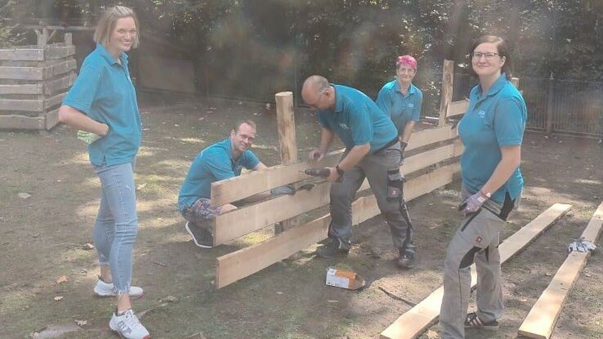 5 Leute beim Arbeiten mit Holz im Gehege. © Stadtverwaltung Gera
