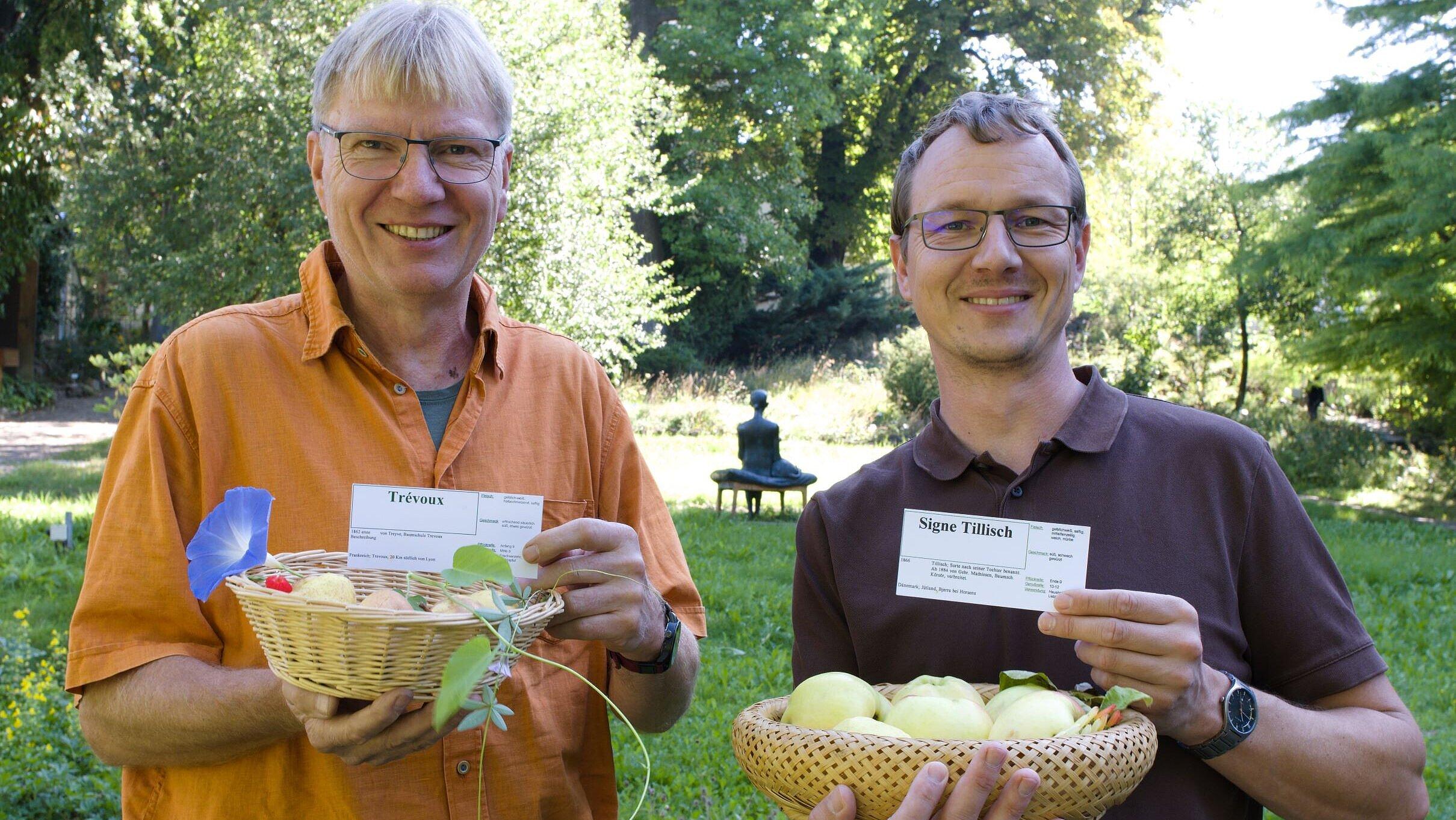 Dr. Andreas Gerth (li.) und Gerald Ripka (re.) mit einer kleinen Auswahl von Apfel- und Birnensorten im Botanischen Garten Gera