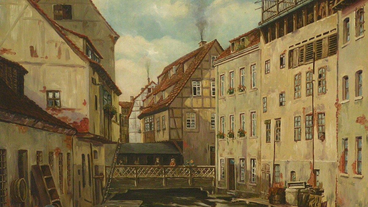 Abschnitt des Mühlgrabens mit verschiedenen Gebäuden und kleinen Brücken, die über den Graben führen, A. Schirmer 1926