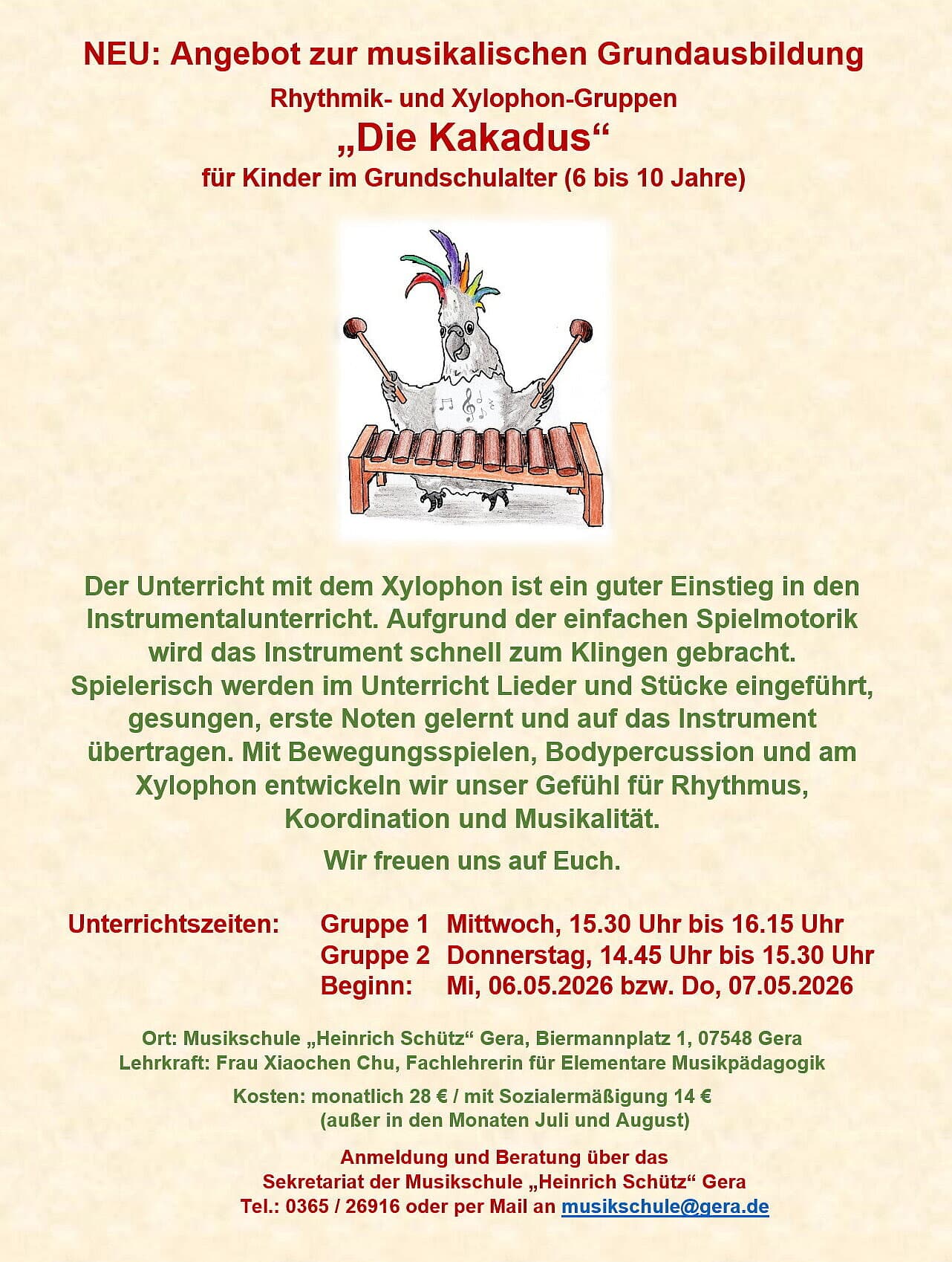 Kakadu am Xylophon. © Stadt Gera / Musikschule