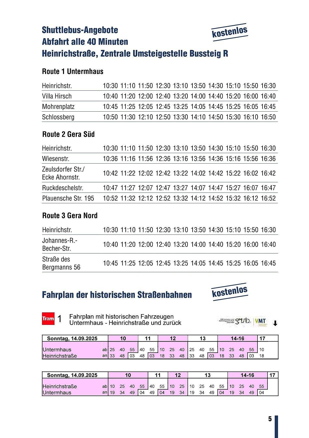 Tabellen mit Fahrtzeiten Bus und Straßenbahn. © Stadt Gera