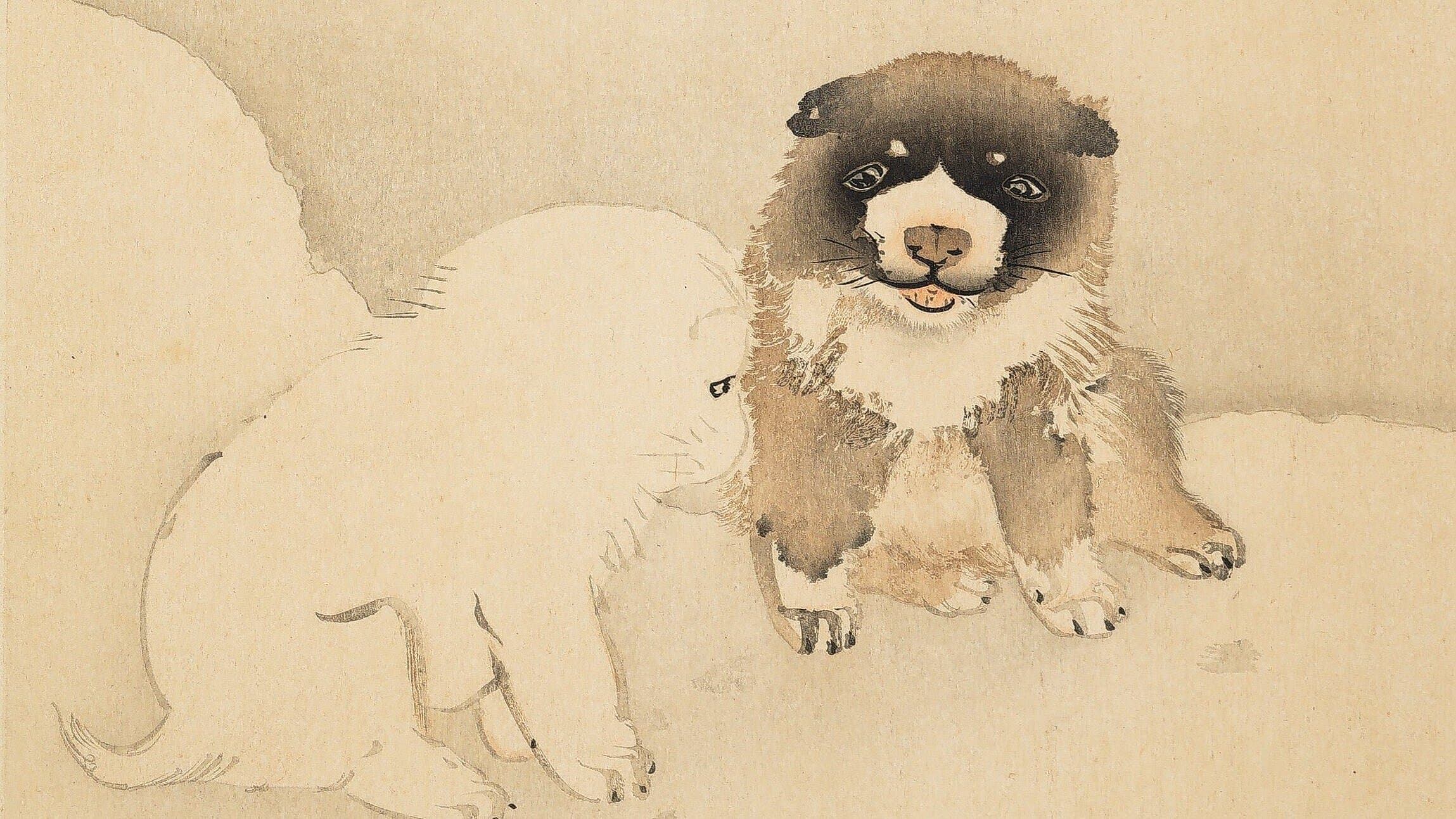 Maruyama Ōkyo, Zwei Hündchen, 18. Jh., Farbholzschnitt. © Kunstsammlung Gera