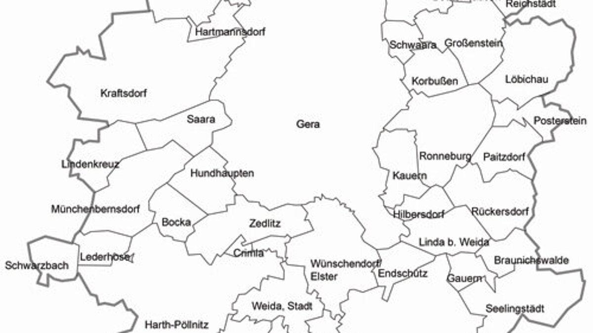 Eine Karte von Gera und allen umliegenden Städten