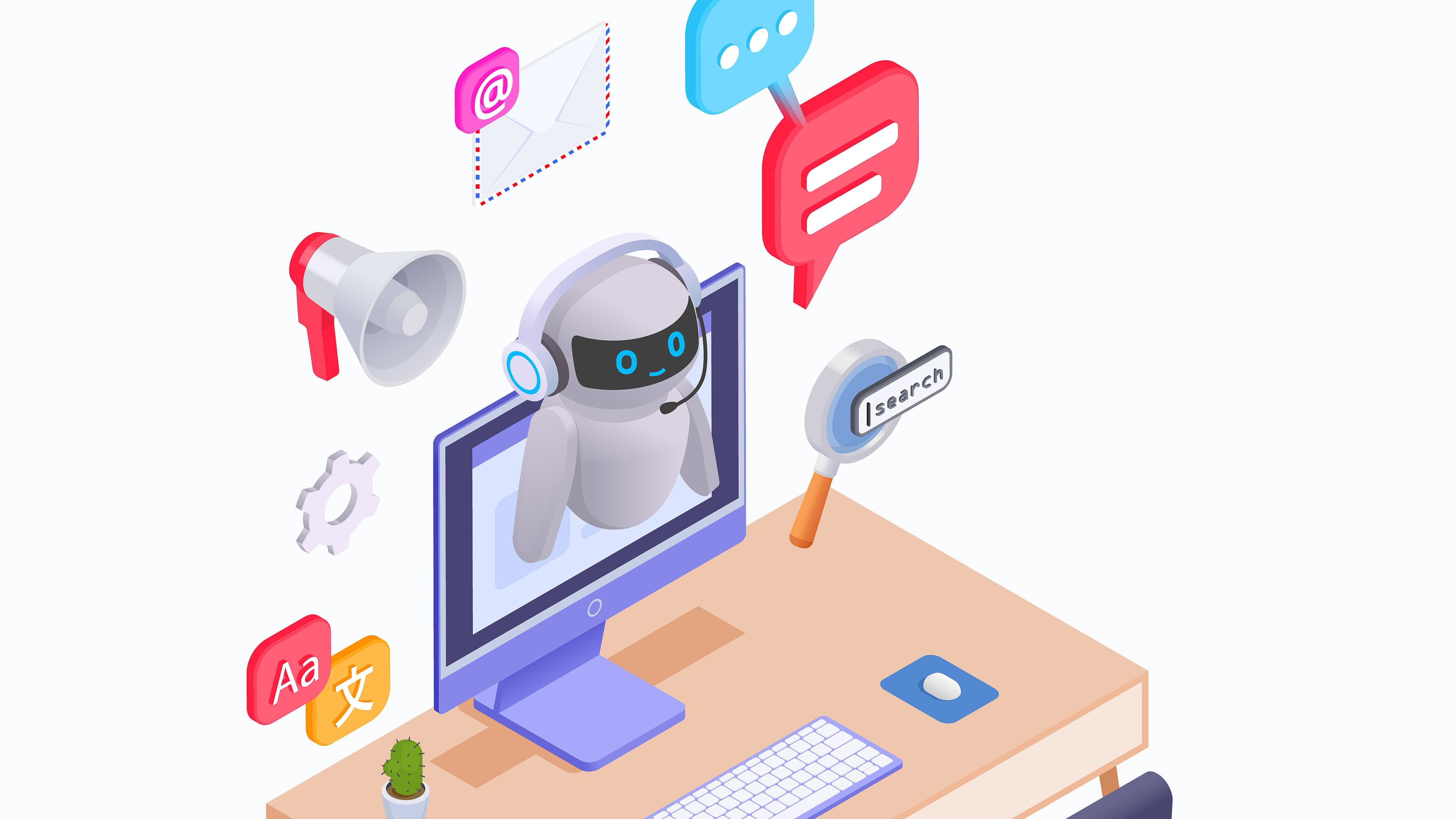 Ein Schreibtisch mit einem Computer und aus dem Bildschirm werden Dinge sichtbar wie bspw. ein Roboter, eine E-Mail oder ein Nachrichtenfeld. © Freepik