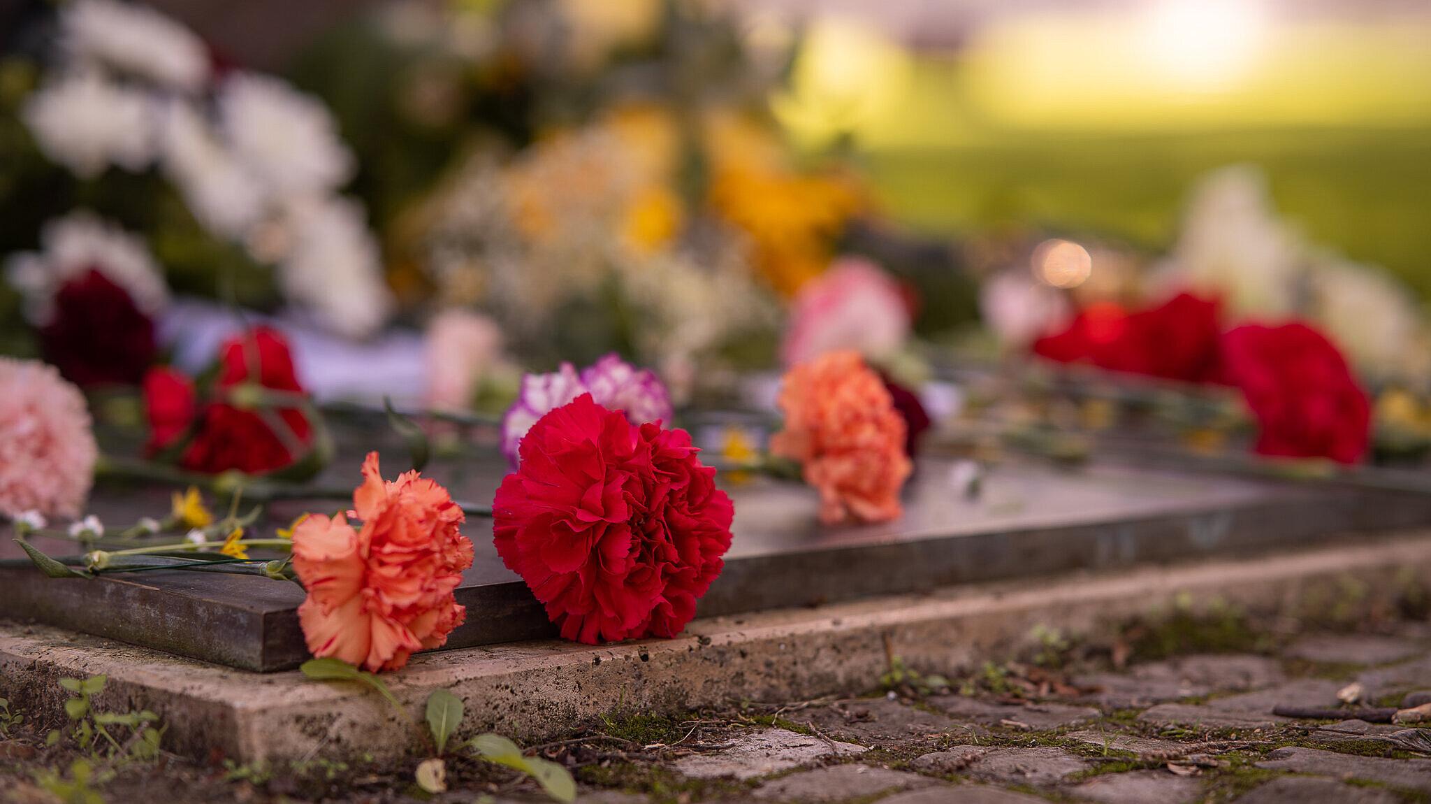 Nahaufnahme von Blumen auf einer Gedenkstätte. © Stadt Gera
