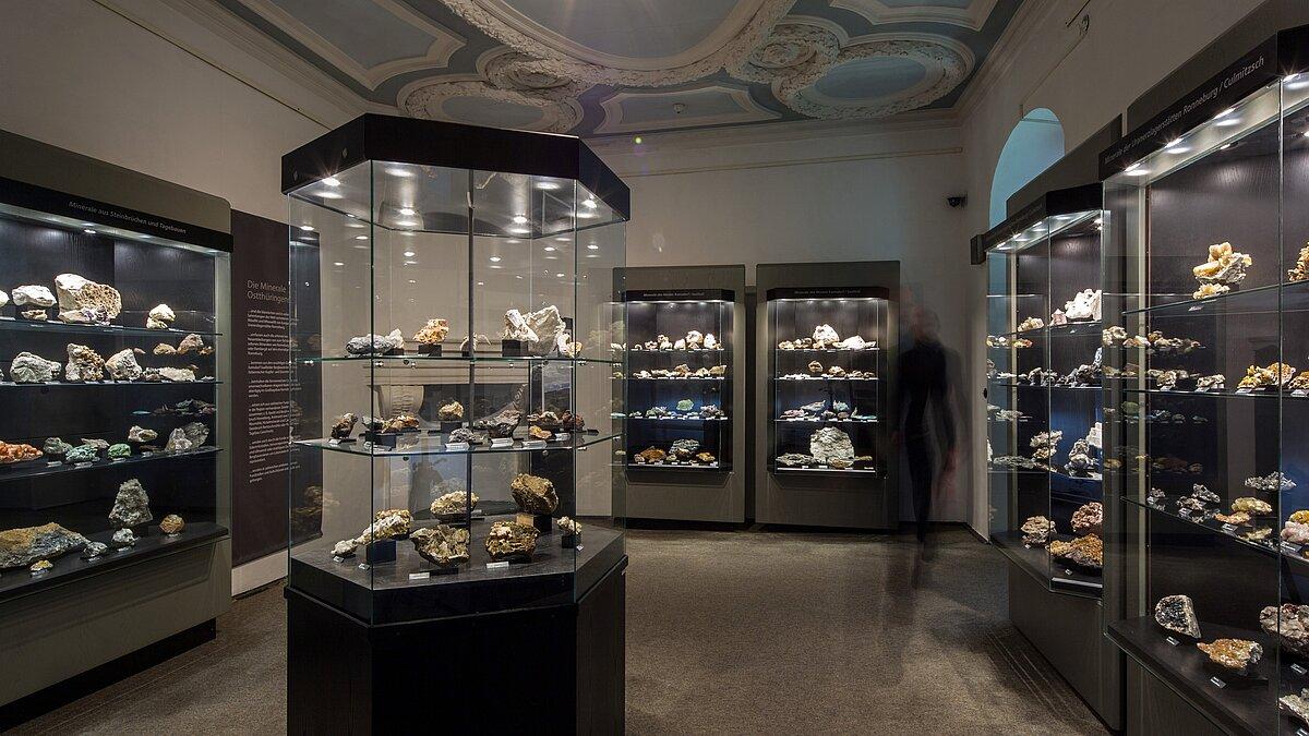 Bilck in die Ausstellung "Die Minerale Ostthüringens" mit zahlreichen Mineralen in Glasvitrinen. © ARTwork-stewe