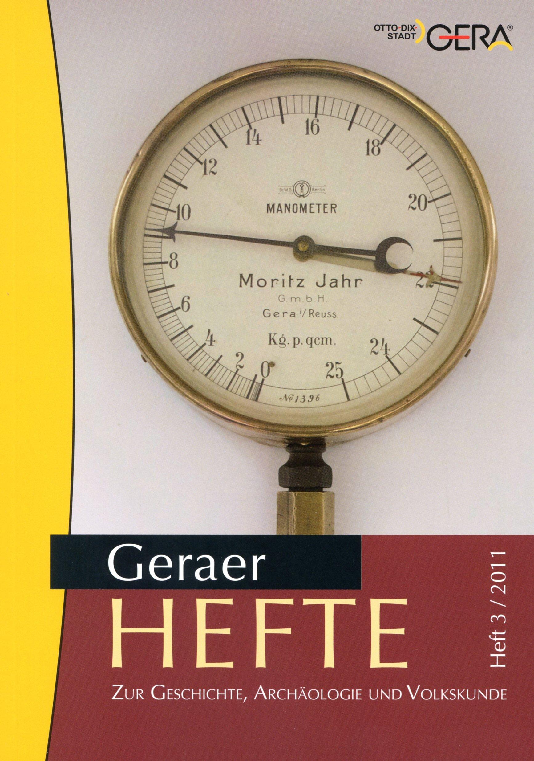 schwarzes, dunkelrotes und gelbes Cover mit einem Manometer der Firma Moritz Jahr. © Stadt Gera / Stadtmuseum