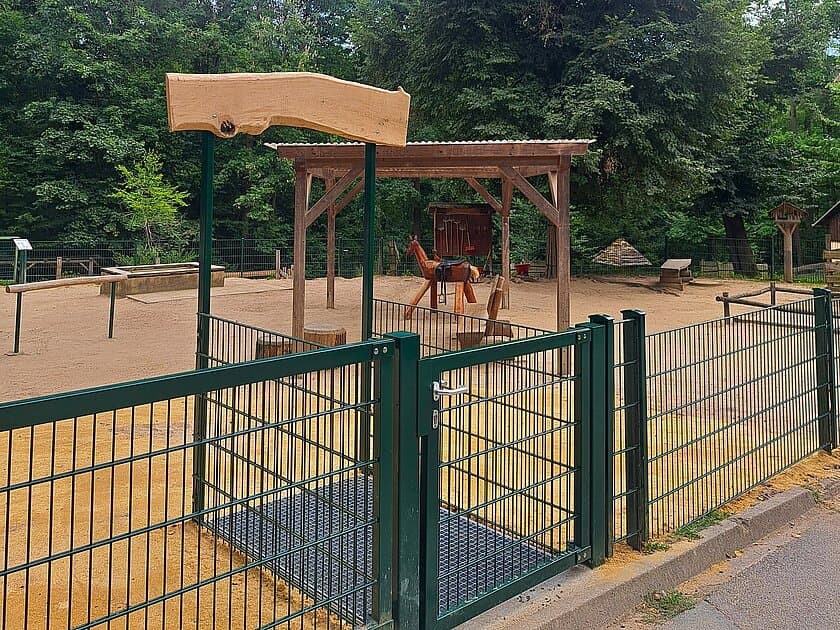 Ein grünes Metalltor samt Zaun, hinter dem ein Sandplatz für die Tiere liegt. © Stadt Gera