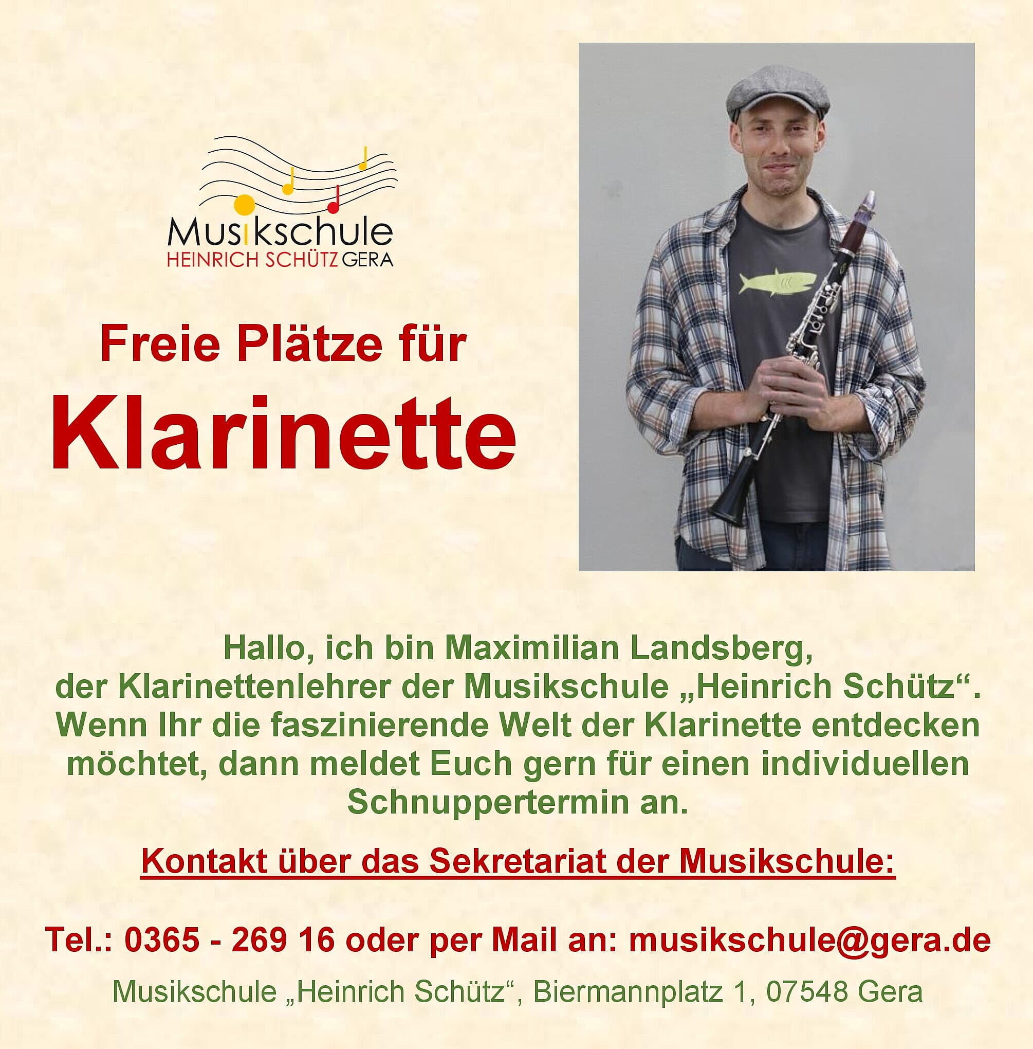 Werbung für den Klarinettenunterricht bei Max Landsberg. © Stadt Gera / Th.Sehnert