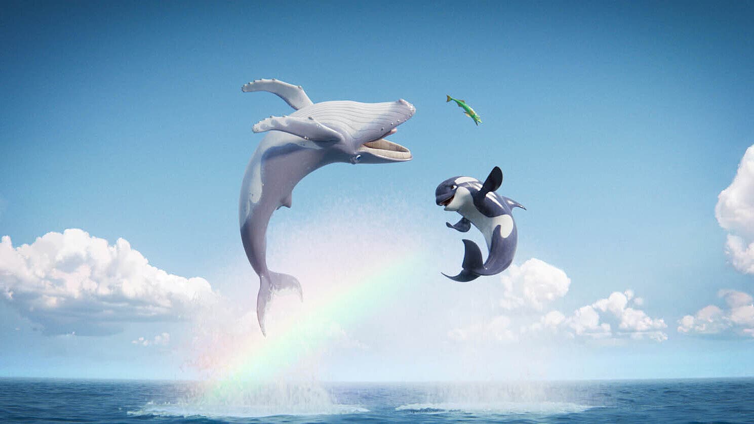 Ein Wal und ein Delfin springen aus dem Meer und schauen sich gegenseitig in der Luft an.. © ©Telescope Animation, PFX, La Boîte à Fanny