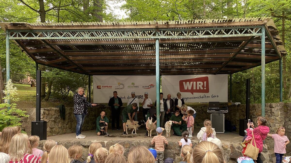 Auf der Bühne stehen die Vorstände der Wohnungsgenossenschaften mit Mitarbeitern des Tierpark uns drei Schafen und einer Ziege zur Tiertaufe. © Stadtverwaltung Gera