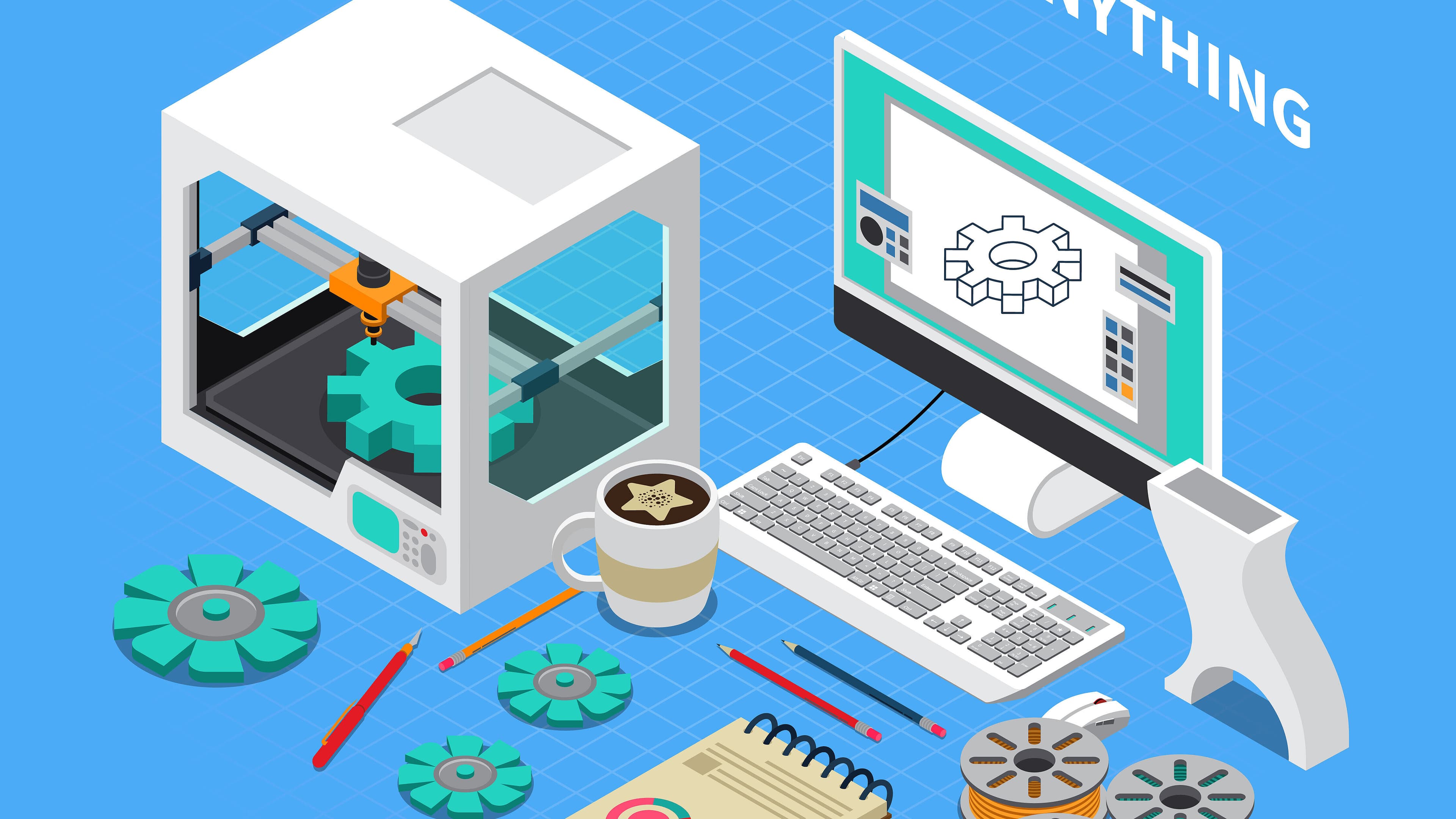 Linke Seite ein in Comic Stile dargestellter 3D Drucker sowie ein Computer und Zahnräder. © Freepik