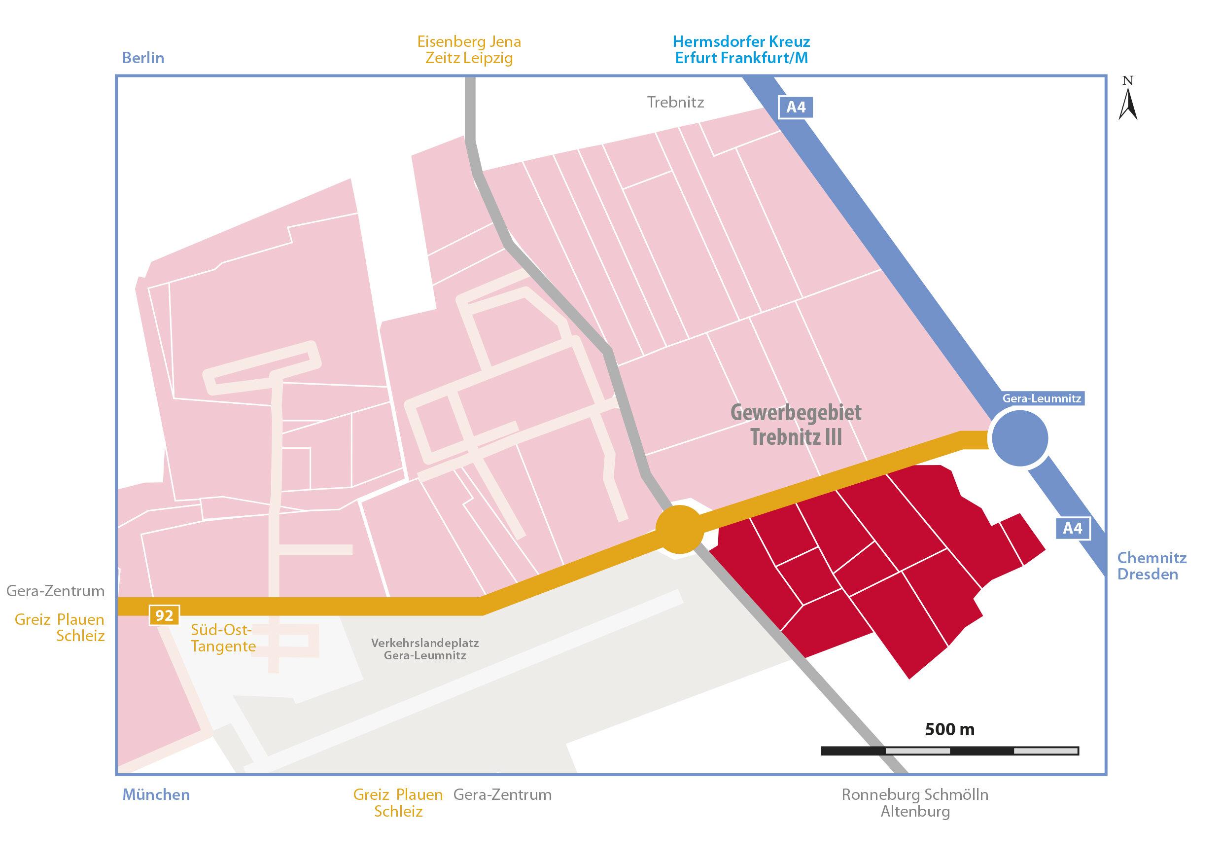 Die Karte zeigt das Detailbild des Gewerbegebiet Trebnitz III "Unteres Rodeland" und dessen Anbindung an die B92 und A4. Hell hinterlegt sind die gegenüberliegenden Gebiete Trebnitz I und Trebnitz II zu erkennen.