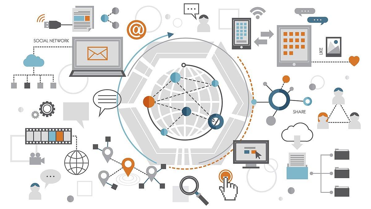Globus umgeben von Laptop, Tablet, Smartphone und anderen technischen Geräten, auf denen die verschiedenen Nutzungsmöglichkeiten in den Sozialen Medien gezeigt werden.. © rawpixel.com @freepik