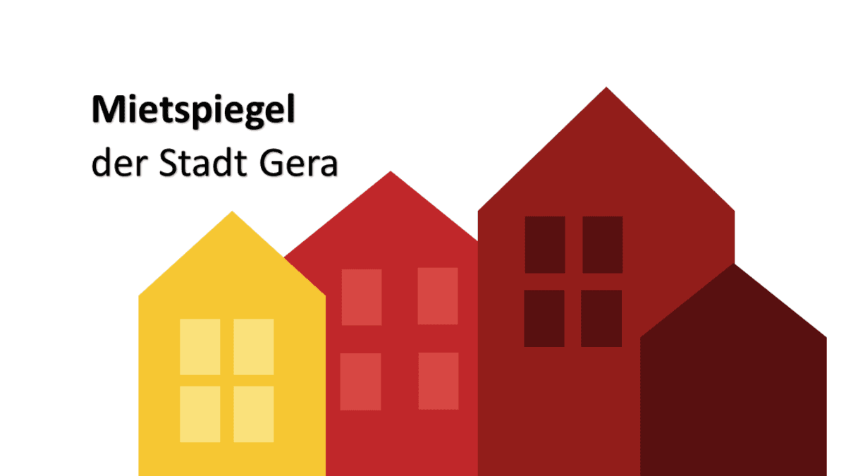 Häusergrafik mit Text "Mietspiegel der Stadt Gera".