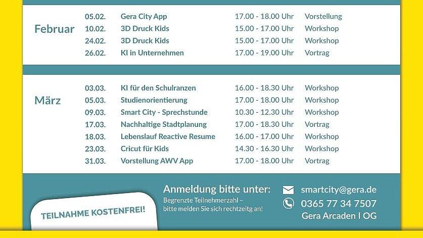 Übersicht Tabelle mit Veranstaltungshinweisen. © Stadt Gera - SMARTCity