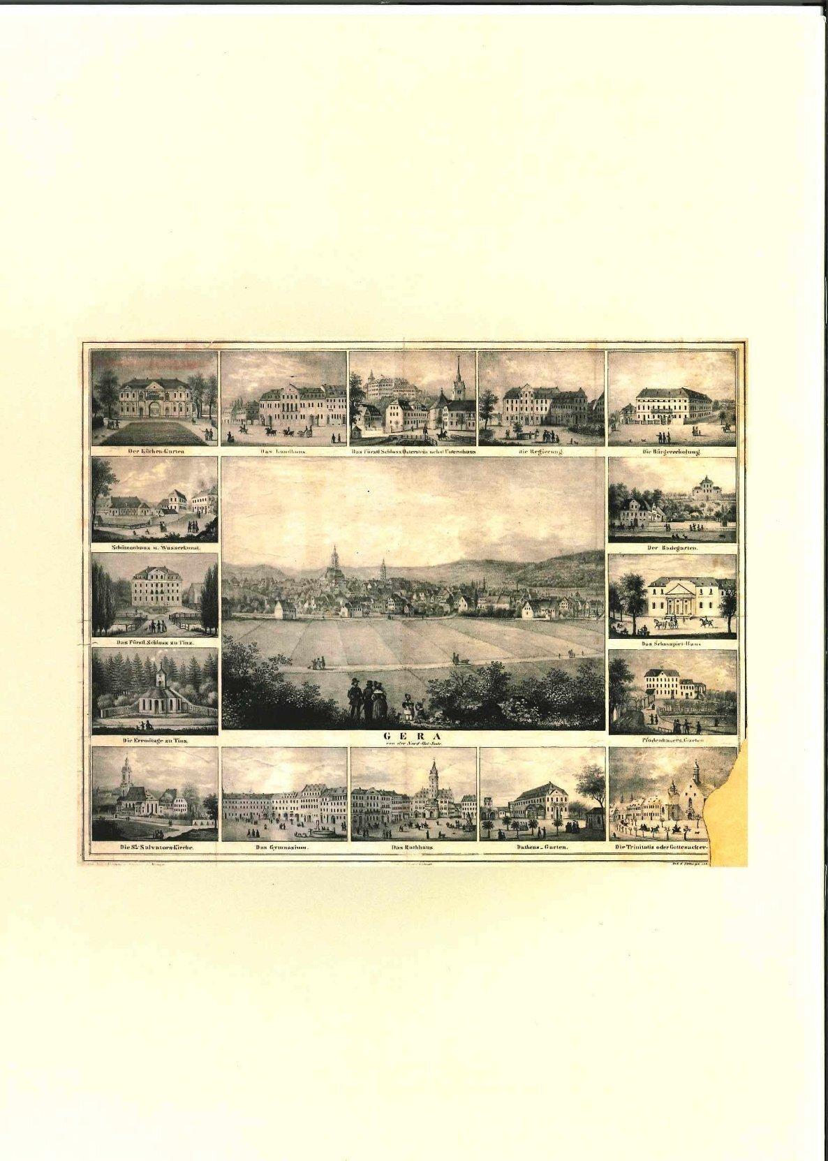 Rückseite der Publikation mit einer Postkarte mit Geraer Ansichten um 1840. © Stadt Gera