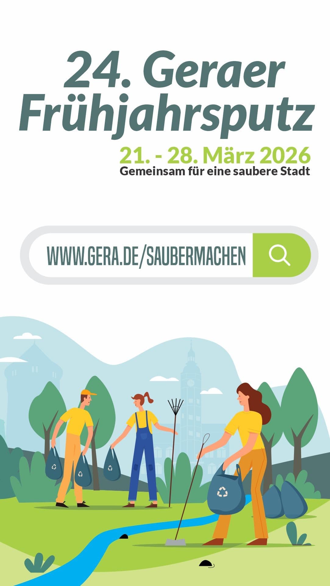 Ein Animiertes Bild von Müllsammlern und Aufruf zum 24. Frühjahrsputz der Stadt Gera